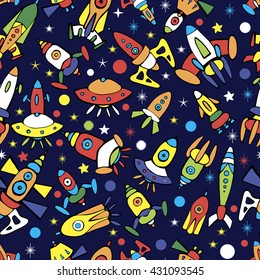 Seamless space pattern. Cartoon spaceship icons. Kid's elements for scrap-booking. Hand drawn vector illustration.