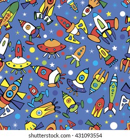 Seamless space pattern. Cartoon spaceship icons. Kid's elements for scrap-booking. Hand drawn vector illustration.