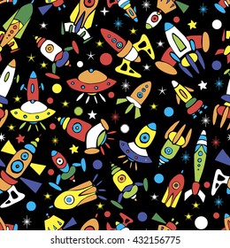 Seamless space pattern. Cartoon spaceship icons. Kid's elements for scrap-booking. Hand drawn vector illustration.