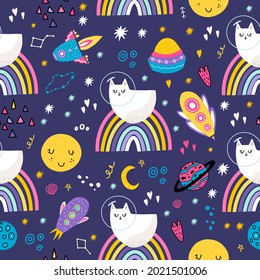 Seamless space pattern with a cat sleeping on a rainbow with planets, stars, spaceships, the moon. Printing on children's clothing,fabrics, wallpaper, dishes, notebooks, albums with white cats. Doodle
