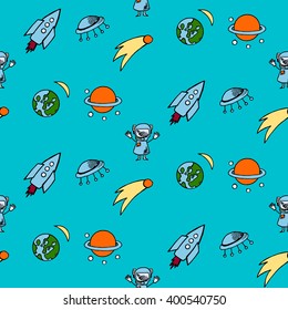 Seamless space pattern. Colorful childish background. Hand drawn vector illustration.