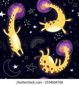 Seamless space pattern with colorful giraffe astronauts, stars, crescent, rainbow, decor elements on a neutral background. vector. flat style. hand drawing. 