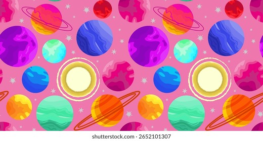 padrão de espaço sem costura com planetas coloridos e estrelas no fundo rosa, design cósmico vibrante para crianças têxteis e web