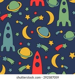 Seamless space pattern. Cosmic background with stars, planet,  spaceship, rocket, moon. Cute child drawing style cosmic sky vector illustration.
