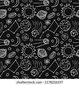 Seamless space pattern. Cosmos background. Doodle vector space illustration with planets, comet, stars, moon, sun and black hole