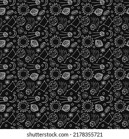 Seamless space pattern. Cosmos background. Doodle vector space illustration with planets, comet, stars, moon, sun and black hole