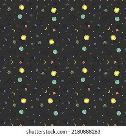 Seamless space pattern. Cosmos background. Doodle vector space illustration with planets, comet, stars, moon, sun and black hole