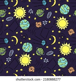 Seamless space pattern. Cosmos background. Doodle vector space illustration with planets, comet, stars, moon, sun and black hole