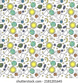 Seamless space pattern. Cosmos background. Doodle vector space illustration with planets, comet, stars, moon, sun and black hole