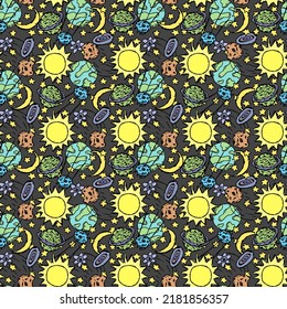 Seamless space pattern. Cosmos background. Doodle vector space illustration with planets, comet, stars, moon, sun and black hole