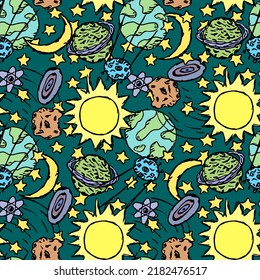 Seamless space pattern. Cosmos background. Doodle vector space illustration with planets, comet, stars, moon, sun and black hole