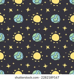 Seamless space pattern. Cosmos background. Doodle vector space illustration