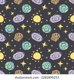 Seamless space pattern. Cosmos background. Doodle vector space illustration