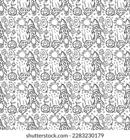 Seamless space pattern. Cosmos background. Doodle vector space illustration