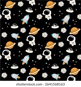 Seamless Space Pattern with Cute Astronauts, Rockets, Planets, and UFOs – Vector Background for Kids