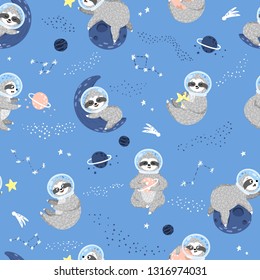 Seamless space pattern with cute baby sloth astronaut, stars, planets. Kids background with funny sloths sleeping on the moon, playing with star, lying on the moon, holding planet. Vector