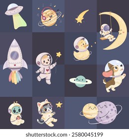 Seamless space pattern, cute space baby pattern. Astronaut cat, dog, rocket