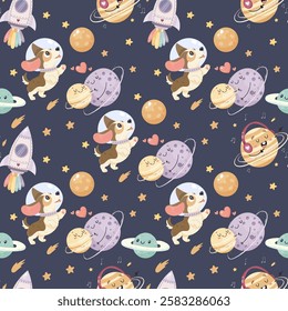 Seamless space pattern, cute space baby pattern. A planet and a rocket and a dog