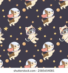 Seamless space pattern, cute space baby pattern. dog and cat