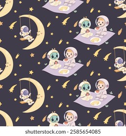 Seamless space pattern, cute space baby pattern. alien and stronaut