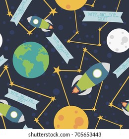 Seamless space pattern with different planet and spaceship. Vector illustration