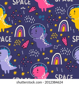 Seamless space pattern with dinosaurs, stars, rainbows. Cute print with space animals. Design of fabrics, clothes for newborns. Bright dinosaurs with stars and rainbows in space. Doodle style.