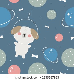 Seamless space pattern with dog astronaut and planets. Vector illustration. For card, posters, banners, printing on the pack, printing on clothes, fabric, wallpaper.