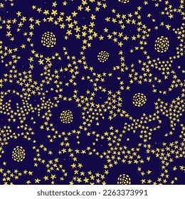 Seamless space pattern in doodle style. Stars and planets on a dark background. Vector illustration.