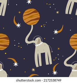 Seamless space pattern with elephant. Fashionable children's wallpaper. Wallpaper for children's textiles