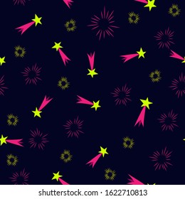 Seamless space pattern of falling stars and elelments on dark. Vector repeating cosmos background of comets for wallpaper, textile, fashion, backdrop, print, cover, wrapping, scrapbook design.