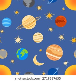 A seamless space pattern featuring colorful planets, moons, stars, and the sun against a deep blue background. A fun and educational design ideal for kids products.