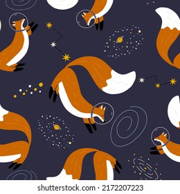 Seamless space pattern with a fox. Fashionable children's wallpaper. Beautiful wrapping paper with fox. Cartoon illustration.