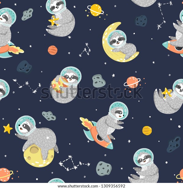 Seamless Space Pattern Funny Sloth Astronaut Stock Vector (Royalty Free ...