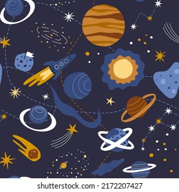 Seamless space pattern with galaxy. Fashionable children's wallpaper. Wallpaper for children's textiles