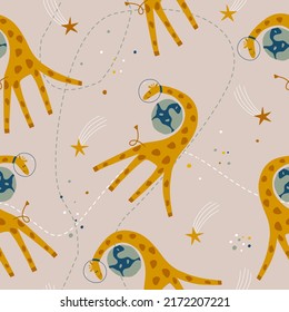 Seamless space pattern with giraffes. Fashionable children's wallpaper. Wallpaper for children's textiles