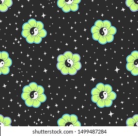 seamless space pattern with grunge green and yellow yin yang flowers and stars.black background.vector