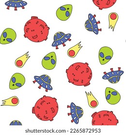 Seamless space pattern. Hand drawn space elements. Vector illustration.