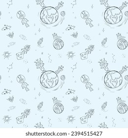 Seamless space pattern. Hand drawn space elements. Doodle aliens pattern. Space black and white design for adult and kids with cute ufo characters, texture wallpaper template. Vector illustration