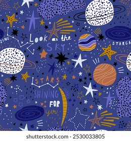 Seamless space pattern with hand drawn space elements. Cosmos blue childish universe texture with stars,constellation, planets and . Vector illustration