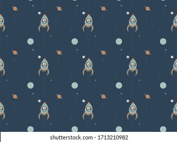 Seamless space pattern of hand-drawn cute foxes astronauts sitting on rockets and catching stars and planets against a dark sky. Baby galactic texture. Vector.