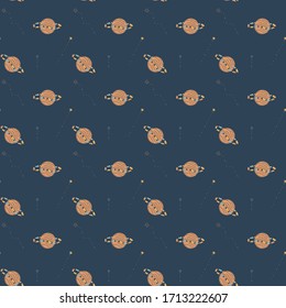 Seamless space pattern from hand-drawn Saturns and flying stars on a dark background. Galaxy pattern in Scandinavian style. Vector.