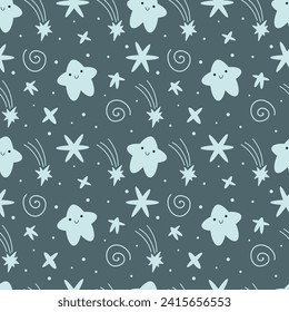 Seamless space pattern. Kawaii stars on a dark gray background