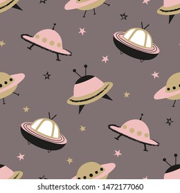 Seamless Space pattern for kids with cartoon UFO spaceships