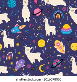 Seamless space pattern with lama, planets, spaceships, stars, alien objects, the Moon, Saturn, Jupiter. Children's print with animal llamas in space on a blue background. Doodle style.