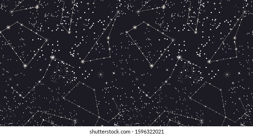 Seamless space pattern. Night starry sky with stars, constellations. Black-and-white background (monochrome) abstract background. Universe. Outer space. Hand-drawn vector illustration.