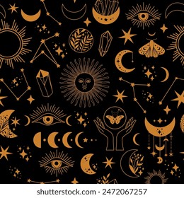 Seamless space pattern on a black background. Boho illustration with moon, sun, dragonflies, stars, wallpapers for astrology, tarot, esotericism. Vector abstract hand drawn. 3D Illustration