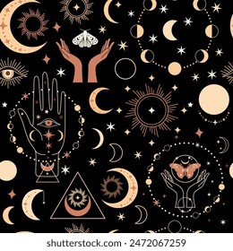 Seamless space pattern on a black background. Boho illustration with moon, sun, dragonflies, stars, wallpapers for astrology, tarot, esotericism. Vector abstract hand drawn. 3D Illustration