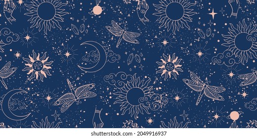 Seamless space pattern on a blue background. Boho illustration with moon, sun, dragonflies, stars, wallpapers for astrology, tarot, esotericism. Vector abstract hand drawn illustration.
