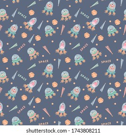 seamless space pattern on a dark blue background for children