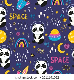 Seamless space pattern with panda, moon, flying saucers, spaceships, rainbow, stars. Cute children's pattern with a panda for decorating a children's room. Space with animals. A wild bear.